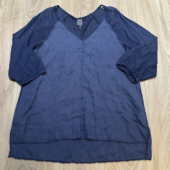XCVI Tops - XCVI Blue 100% Linen Blouse Size M Relaxed Beach 3/4 Sleeves Lagenlook